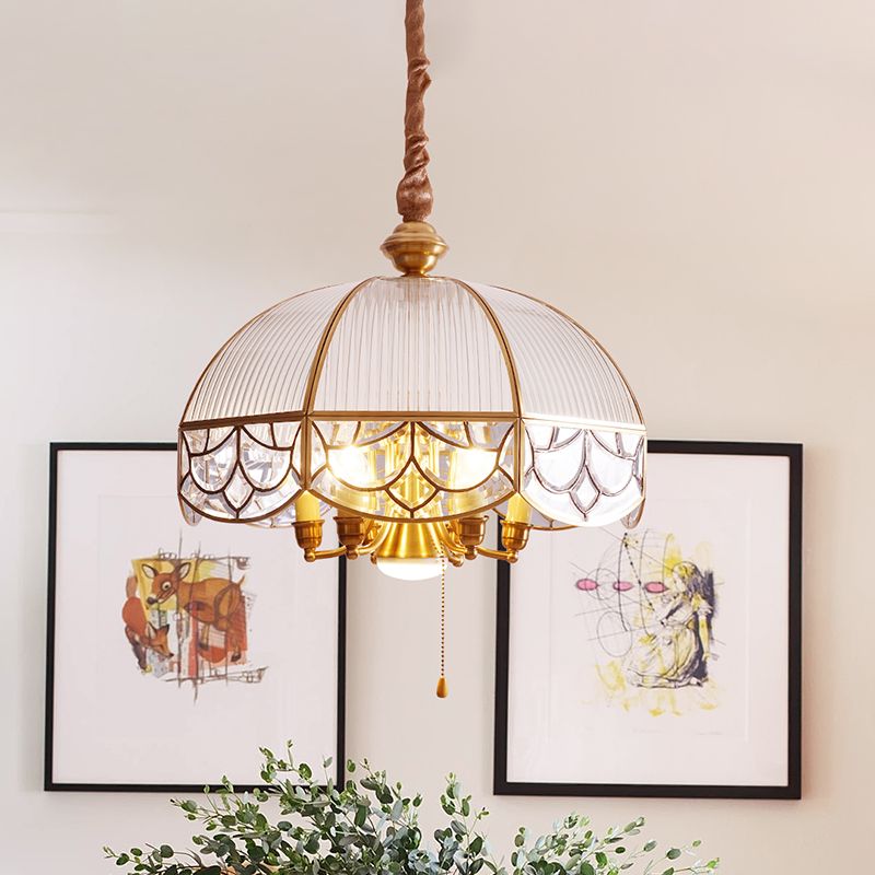 Prismatic Glass Gold Chandelier Lamp Scalloped 7-Bulb Colonial Hanging Light with Pull Chain Switch