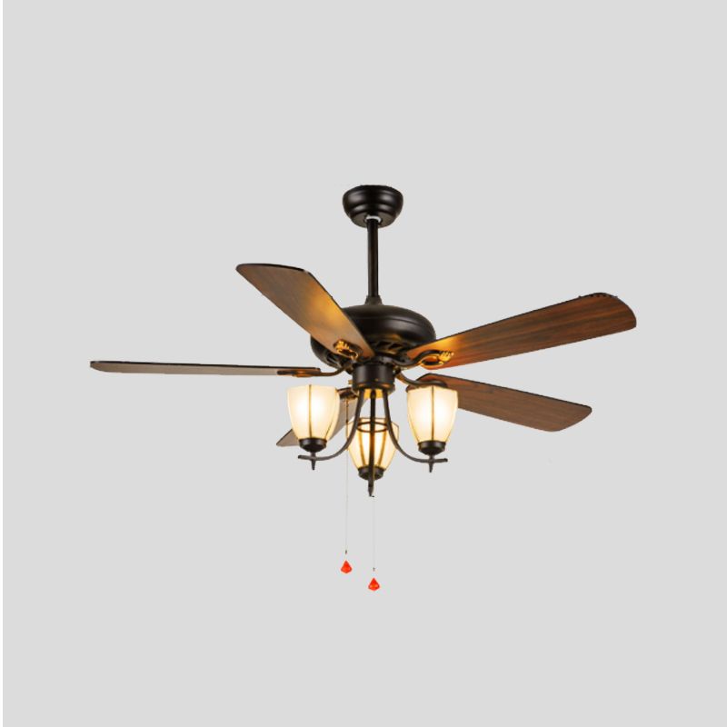 52" Wide 3-Light Ceiling Fan Lamp Vintage Cup Shape Seeded Glass 5 Bleads Semi Flush Mounted Light in Black