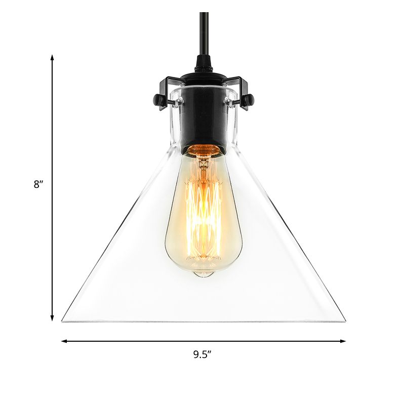 1 Light Cone Pendant Lighting Industrial Black Clear Glass Hanging Light Fixture for Living Room