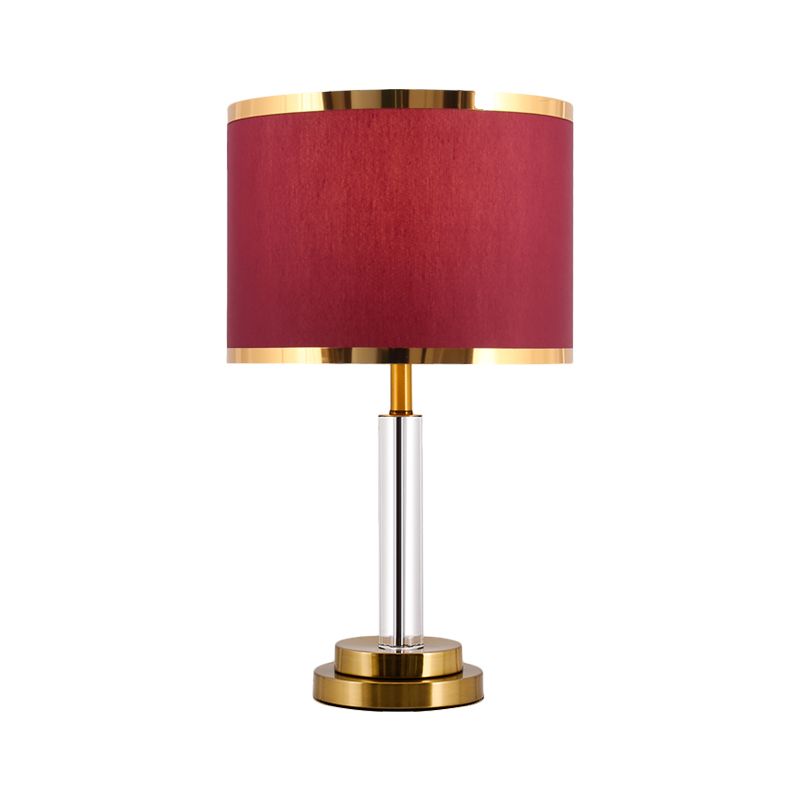 Circular Sitting Room Table Light Traditional Fabric Shade 1 Bulb Burgundy/Beige Crystal Night Stand Lamp