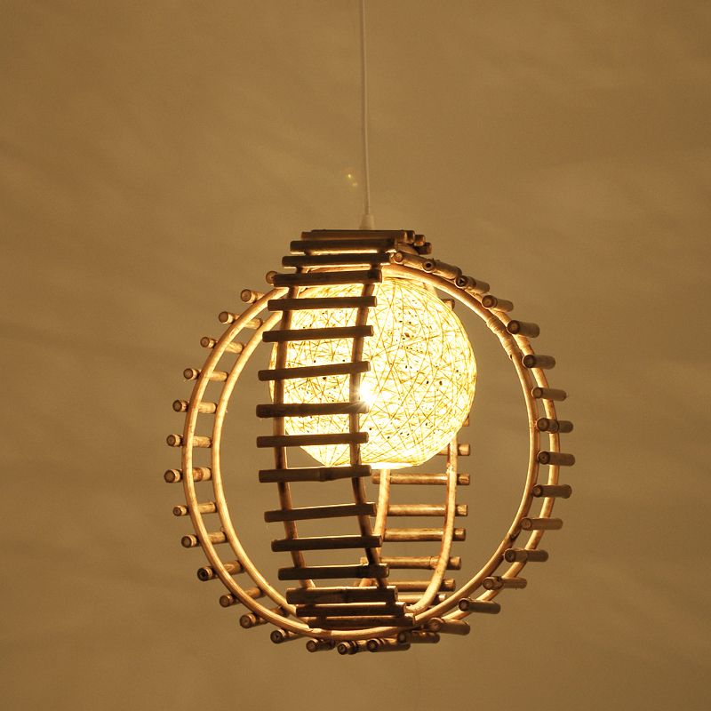 Bamboo Circular Suspension Pendant Contemporary 1 Head Beige Hanging Ceiling Light