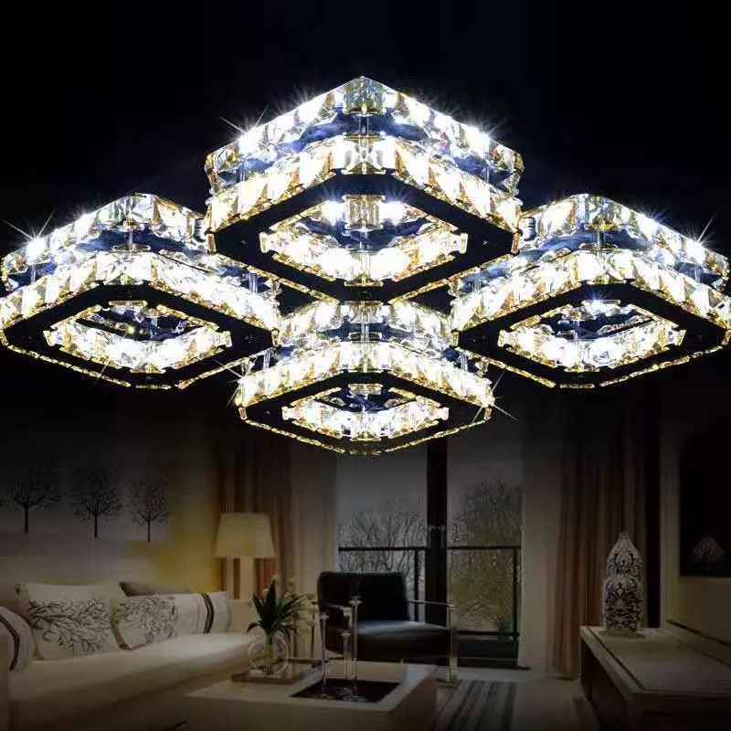 Block Flush Ceiling Light Modern Style Faceted Crystal Chrome Flushmount Lighting