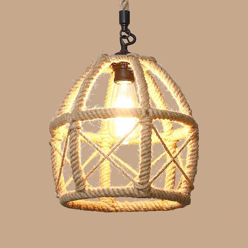 1 Bulb Hanging Light Rustic Style Wrapped Hemp Rope Pendant Light Fixture in Brown