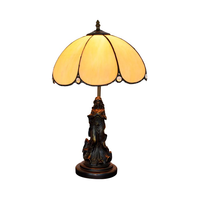 Baroque Petals Nightstand Lamp Single-Bulb Yellow Glass Table Lighting with Carved Lady Base