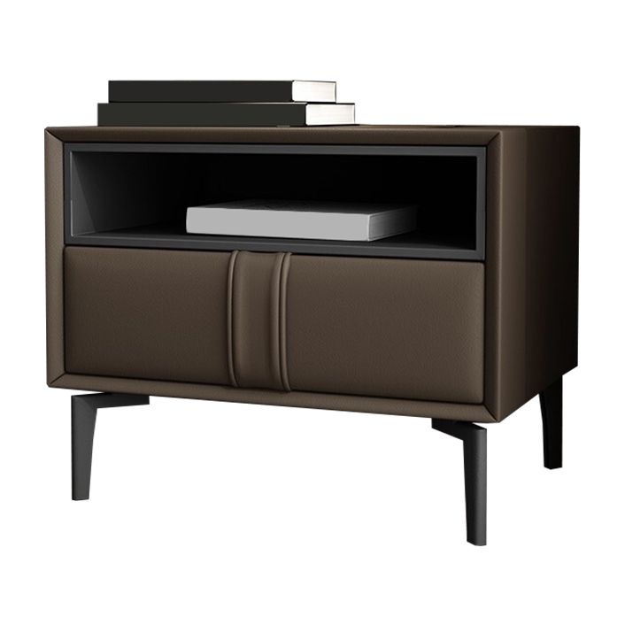 Wooden and Leather Night Table Modern Minimalist Open Bedside Table with Legs