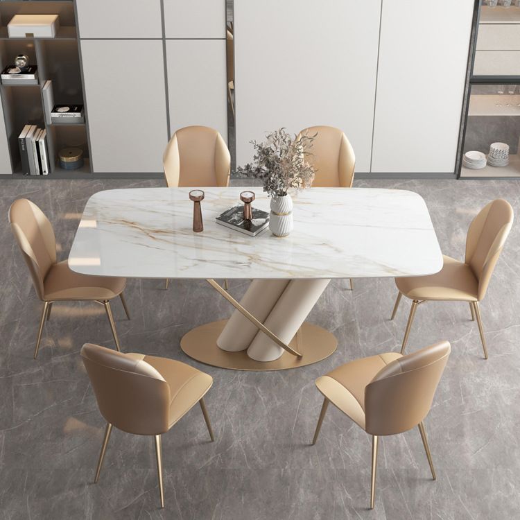 Juego de comedor de piedra sinterizada de estilo moderno con mesa de forma rectangular blanco y base de caballete