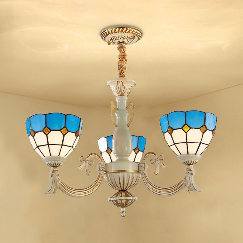 Baroque Bowl Ceiling Hanging Light with Curved Arm 3 Lights Stained Glass Chandelier in Blue