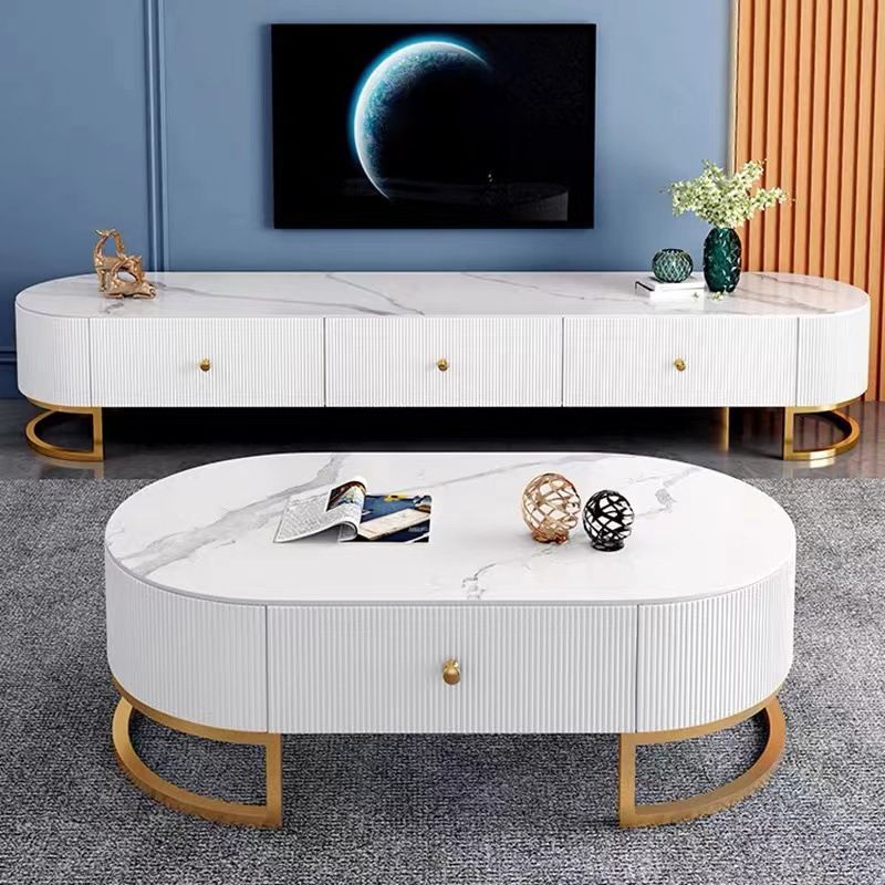 Contemporary Enclosed Storage TV Console White Stone TV Stand Console for Living Room