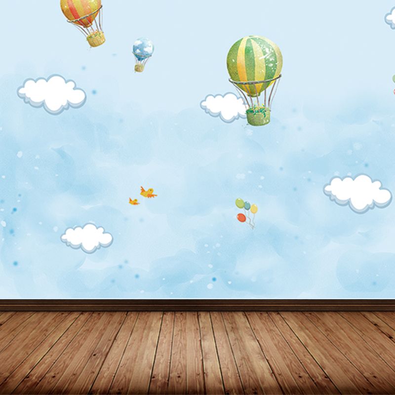 Blue Cartoon Wall Mural Whole Sky with Hot Air Balloon Drawing Wall Covering for Accent Wall
