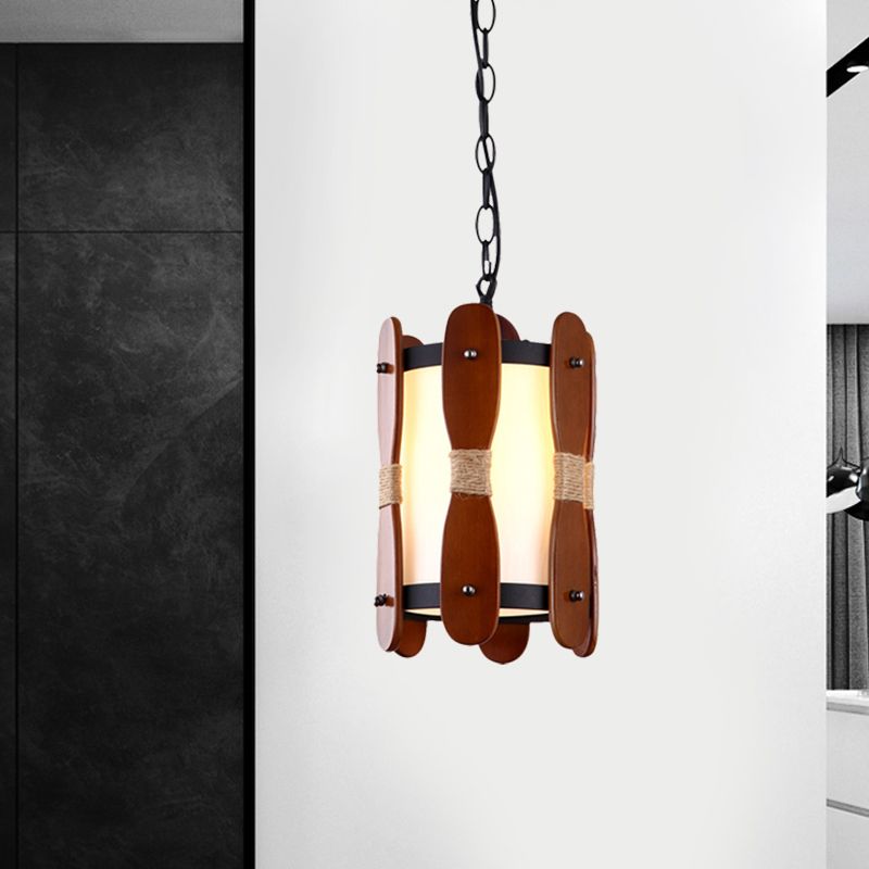 1 Light Drop Pendant Industrial Corridor Wood Ceiling Lamp with Cylinder Cream Glass Shade in Brown