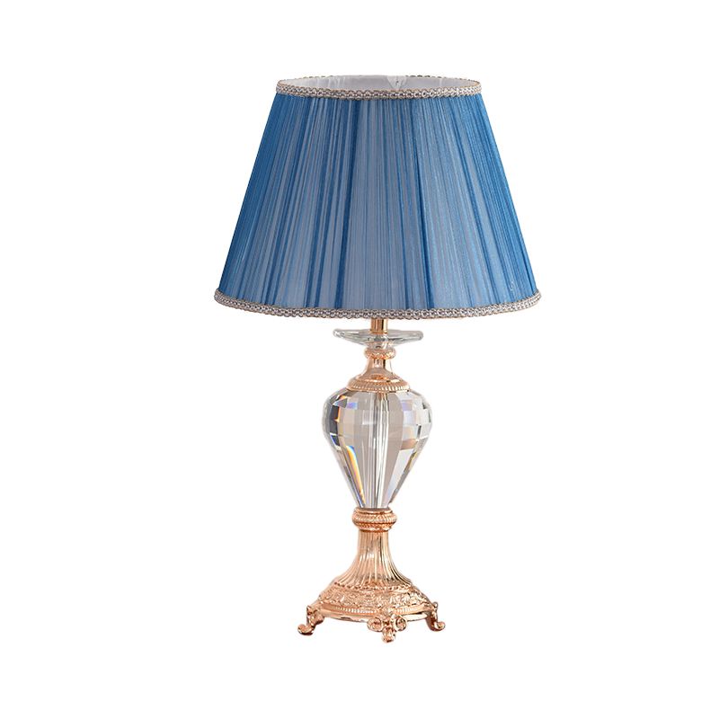 Lampada da scrivania ombreggiata tessuto moderno 1 lampadina da tavolo blu con base in metallo in rame scolpito