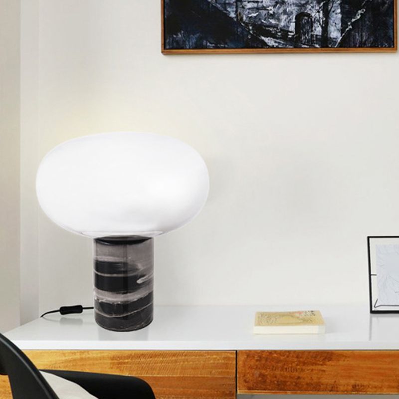 Ellipse Living Room Table Light White/Amber Glass Single Postmodern Night Lamp with Marble Pedestal in Black