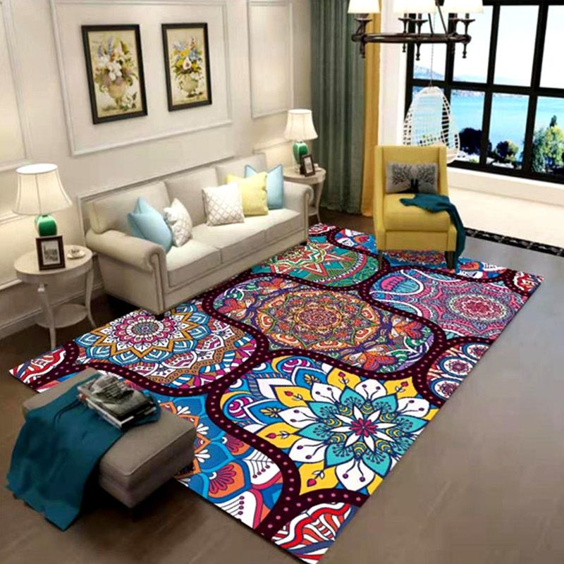 Oriental Floral Print Rug Multi Color Cotton Blend Area Carpet Non-Slip Backing Pet Friendly Indoor Rug for Living Room