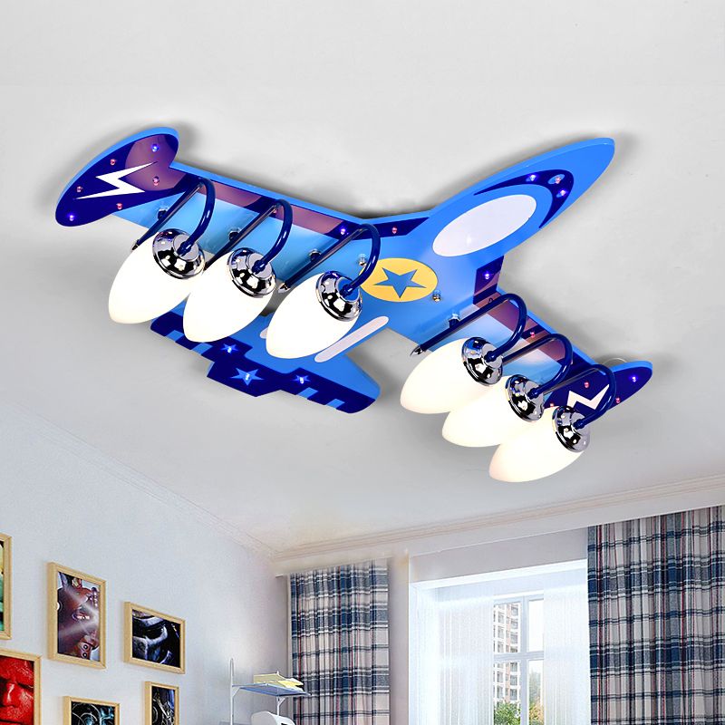 Wood Jet Ceiling Flush Light Cartoon 6 Bulbs Blue Flush-Mount Light Fixture for Child Room