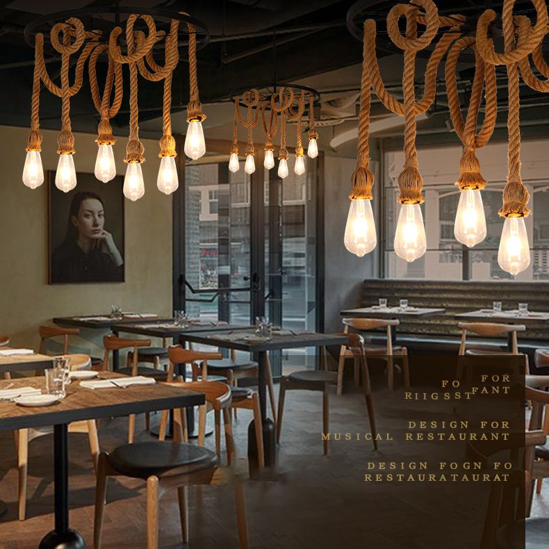 Bare Bulb Chandelier Light Fixture Industrial Rope Pendant Lighting for Restaurant (Without Plants)