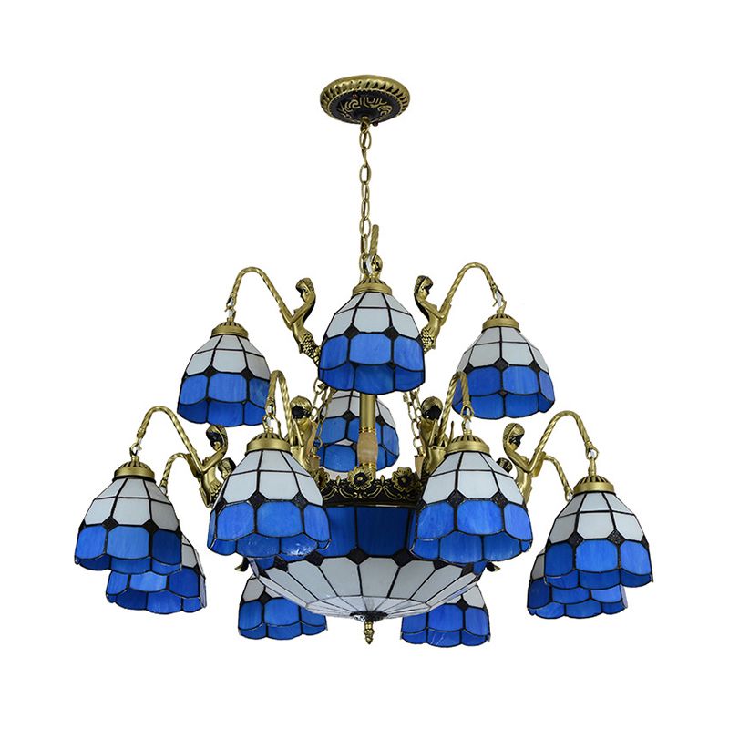 15 Lights Living Room Ceiling Lamp Tiffany Style Blue Chandelier Light with Dome Cut Glass Shade