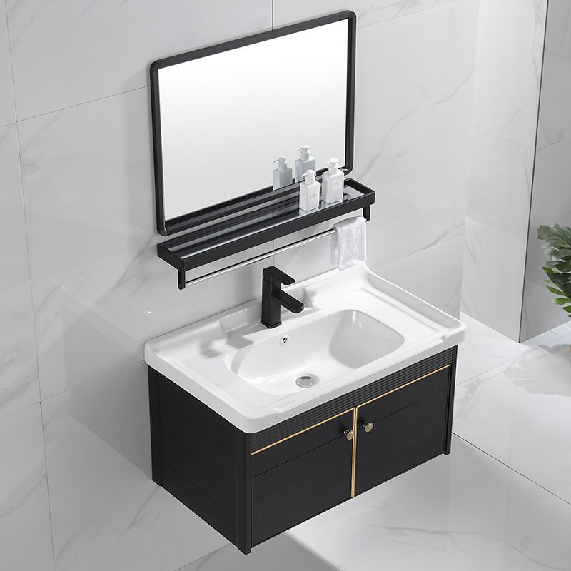 Modern Vanity Set Wall-mounted Ceramic Sink Black Faucet Vanity with Mirror