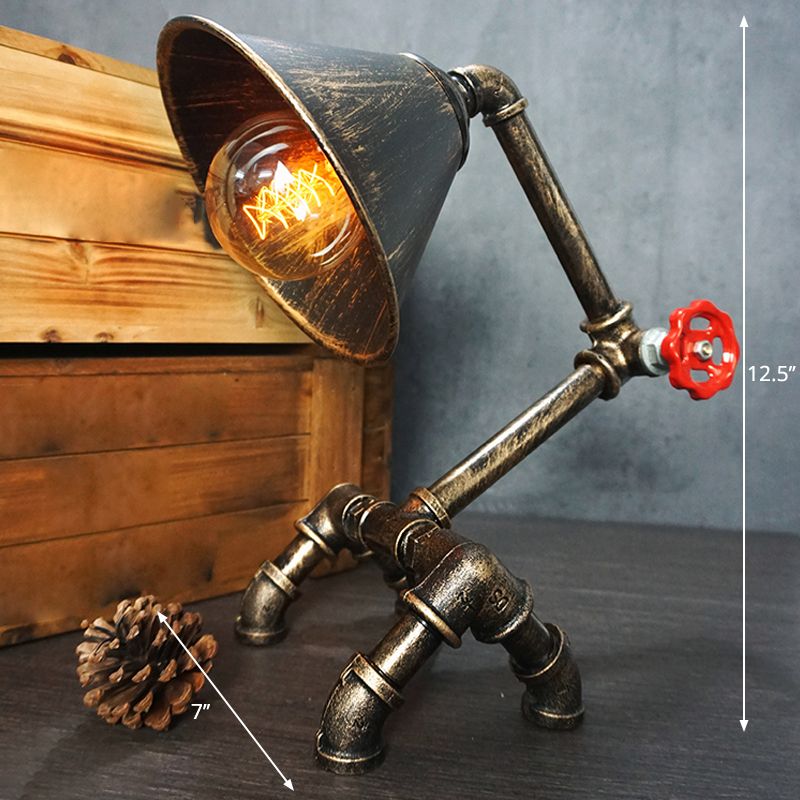 Wrought Iron Pipe Art Night Lamp Industrial 1-Bulb Boys Room Table Light in Bronze