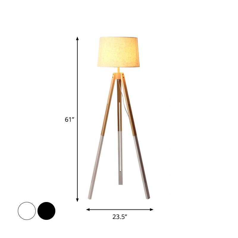 3-Legged Drum Shade Floor Light Modern Fabric 1 Bulb Black/White and Wood Floor Standing Lamp for Living Room