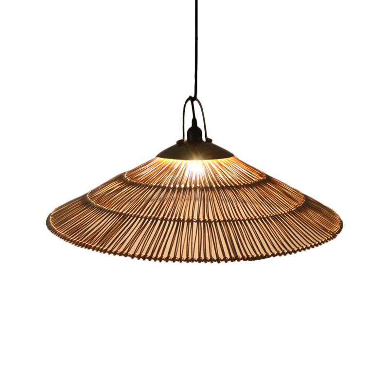 Asian Single Bulb Pendant Lamp with Hand-Woven Rattan Brown Tapered Hanging Light for Restaurant Living Room