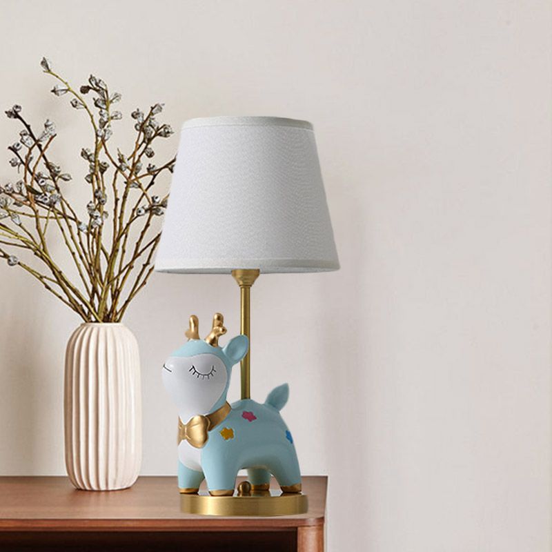 Sika Deer/Unicorn Bedside Table Lamp Resin Single Kids Night Light in Pink/Blue with Tapered Fabric Shade