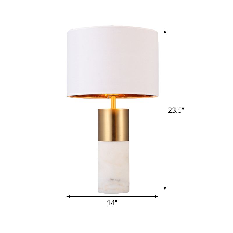 1 Head Cylindrical Desk Lamp Modern Fabric Table Light in White with Marble Base