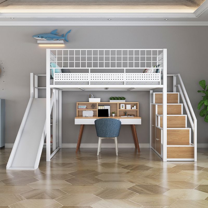 Industrial Style Black / White Loft Bed Iron Kid Bed with Guardrails