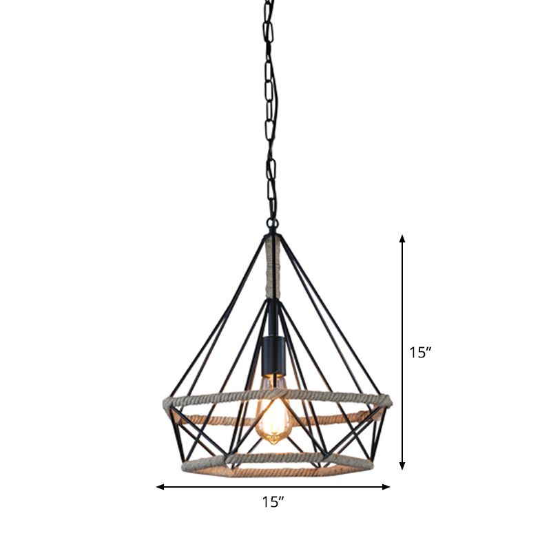 Rural Flared/Birdcage/Basket Pendant Lamp Single-Bulb Natural Rope Hanging Light Fixture in Black and Brown