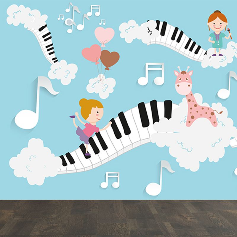 Sky Musical Performance Mural Wallpaper Blue Cartoon Wall Covering for Accent Wall