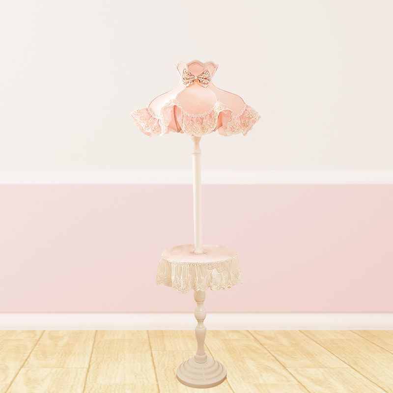 Lace-Trim Dress Fabric Floor Light Nordic 1 Bulb Pink Stand Up Lamp with White Wood Table