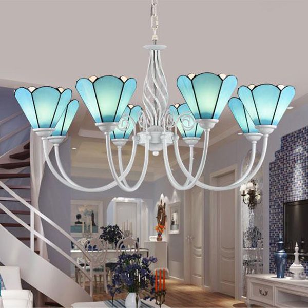 Multi Light Conical Chandelier with White Gooseneck Traditional Blue Glass Ceiling Pendant for Living Room