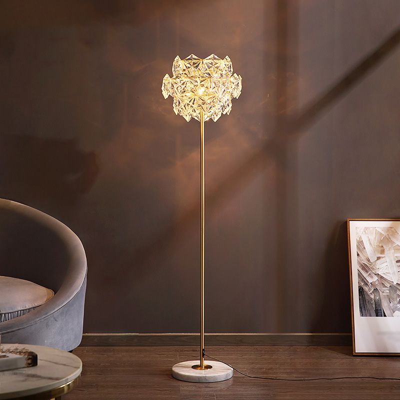 Tiered Snowflake Clear Crystal Floor Lamp Postmodern 3-Bulb Living Room Standing Light in Brass