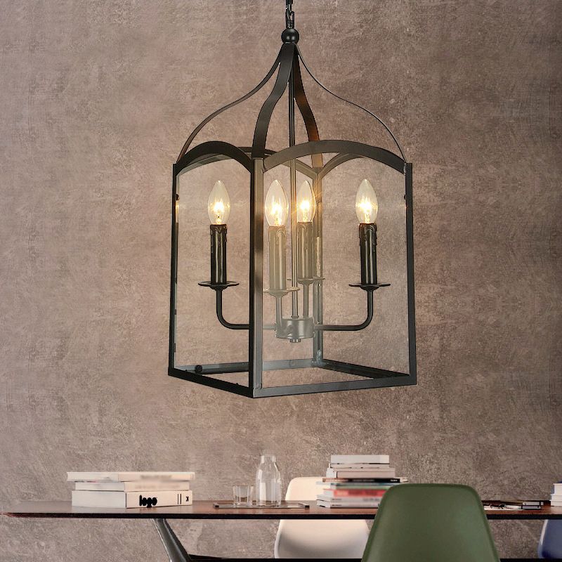 Black 4-Light Pendant Light in Industrial Classic Style Wrought Iron Hanging Lamp with Glass Shade