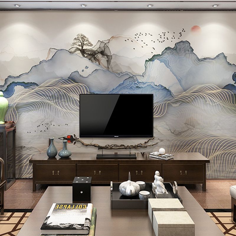 Minimalist Wall Mural Grey and Blue Mountain and Sun Wall Covering for Gallery, Non-Woven Material