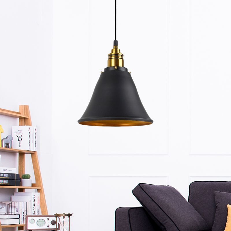 1-Light Wrought Iron Pendant Industrial Black/White/Gold Bell Shade Living Room Hanging Lamp