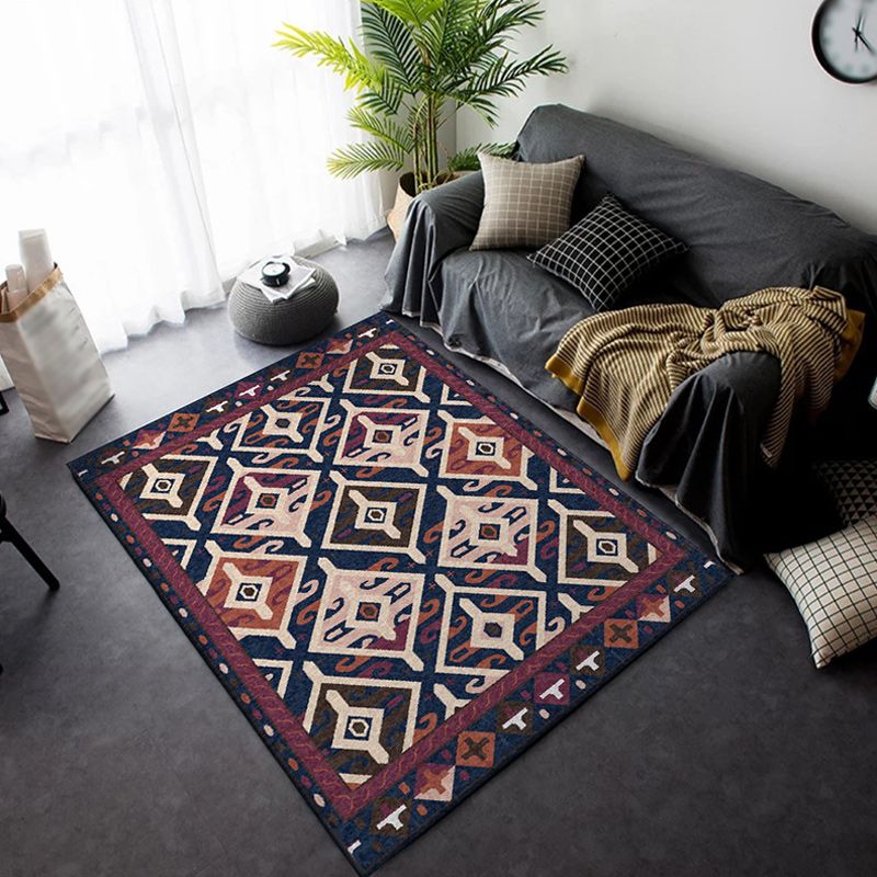 Marokkaner Wohnzimmer Teppich in Blau und Rot Diamant Dreieck Teppich Polyester Waschbarer Nicht-Schlupf-Fläche Teppich