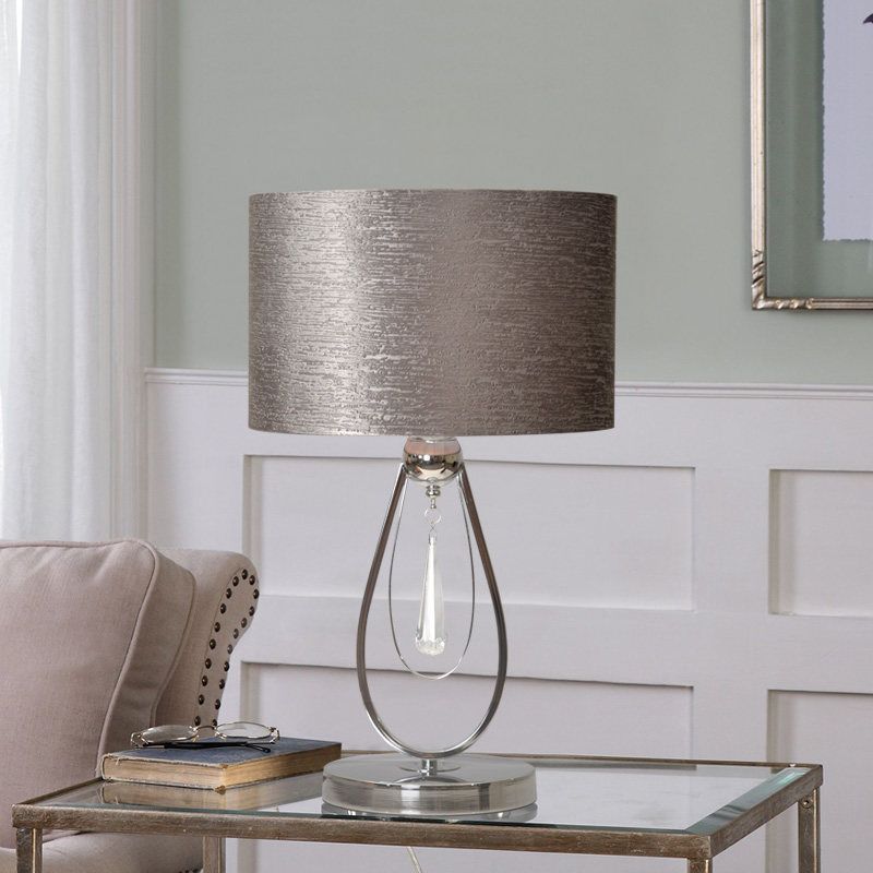 1 Light Desk Light Traditional Drum Fabric Reading Lamp in Grey for Bedroom with Metal Base