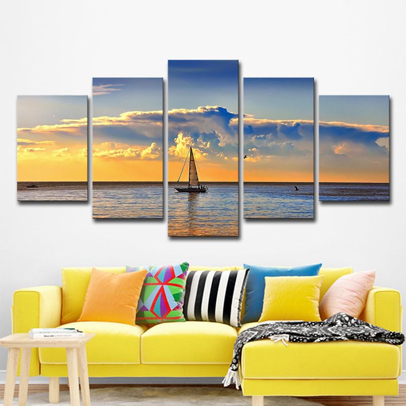 Photography Sailboat in Ocean Sunset Art Print for Living Room, Sky Blue and Yellow