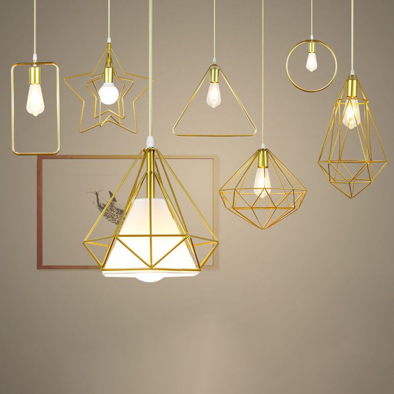 Gold Cage Frame Plafond Plafond Light Nordic Metal 1 Bulbe Dinomage Salle Suspension Lumière