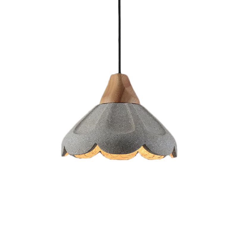 Grey 1-Light Pendant Lighting Nordic Style Concrete Scalloped Hanging Light Fixture with Wooden Cap for Restaurant