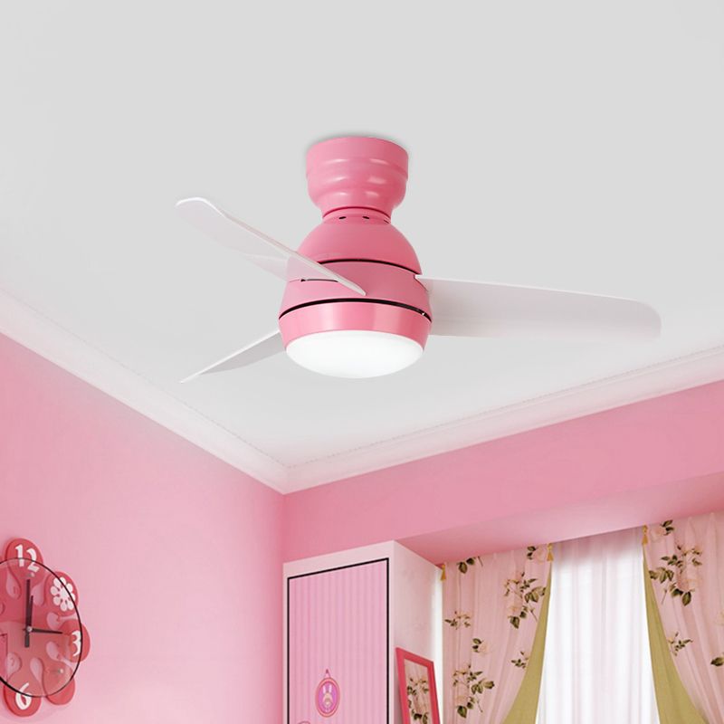 33.5" W LED Ceiling Fan Light Kids Dome Metal Semi Flushmount in Pink/Green/White with 3 White Plastic Blades, Wall/Remote Control