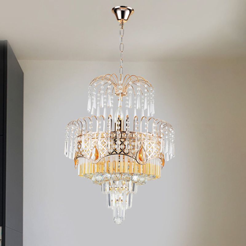 3/7 Lights Dining Room Ceiling Lamp with Layered Crystal Shade Modern Gold Chandelier Light, 18"/19.5" Wide