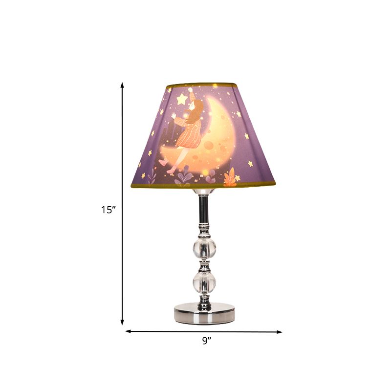 Blue Barrel Shade Table Light Cartoon 1 Bulb Fabric Desk Lamp with Girl and Starry Sky Pattern