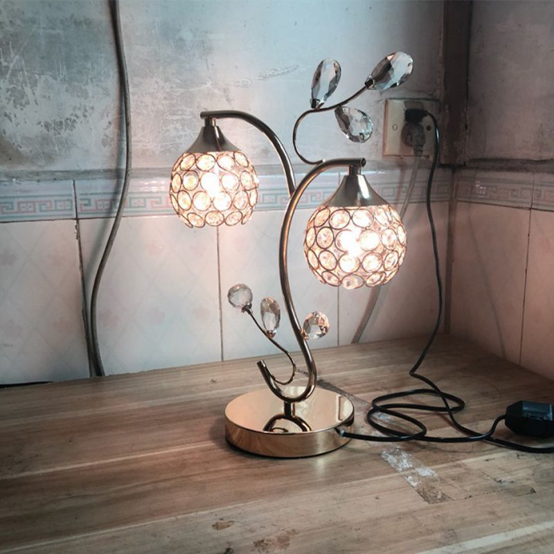 Modernist Flower Vine Table Light 2 Heads Crystal Encrusted Night Stand Lamp with Dome Shade in Gold