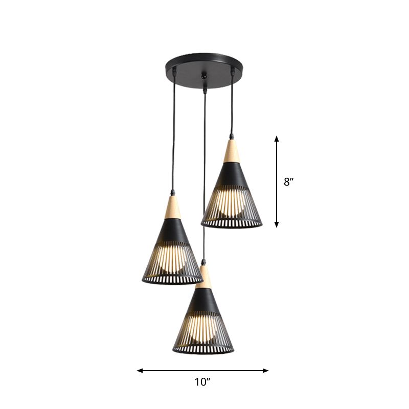 Round/Linear Hanging Pendant Light Nordic Metal 3 Heads Black/Grey/White Multi Light Ceiling Light with Torchlight/Cone Shade