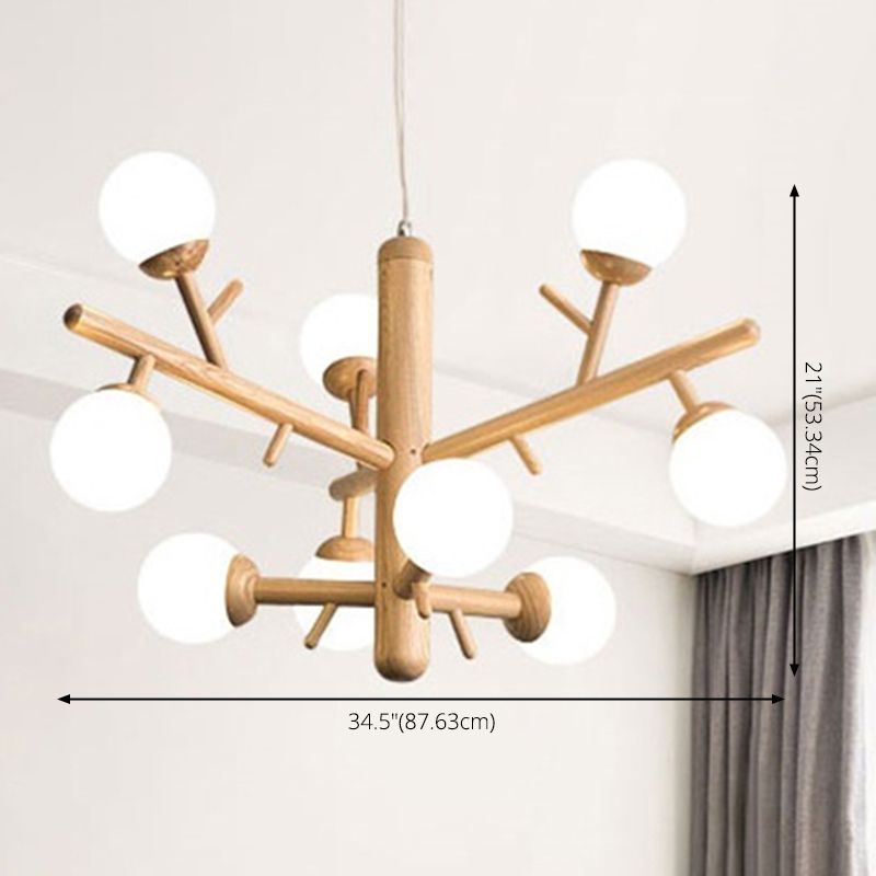 Wooden Tree Branch Chandelier Nordic Hanging Lamp with Ball Opaline Glass Shade