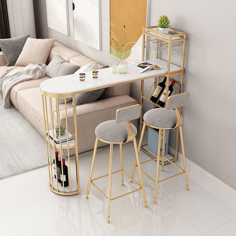 Modern Gold Iron Bar Dining Table Faux Marble Top Indoor Bistro Table with Wine Rack