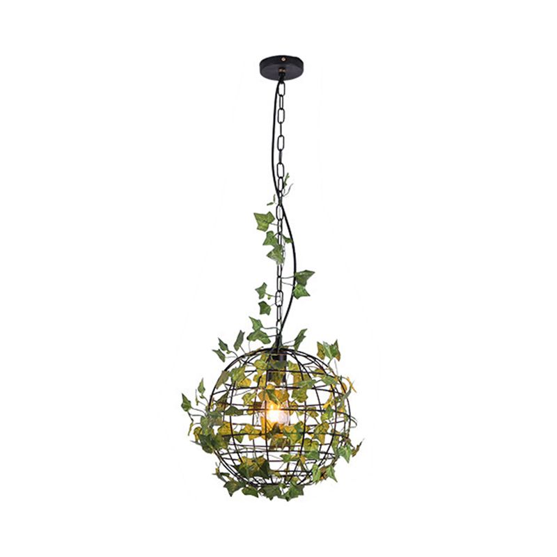 Industrial Style Globe Cage Ceiling Hang Fixture 1 Head Iron Pendulum Light with Artificial Plant Deco in Black