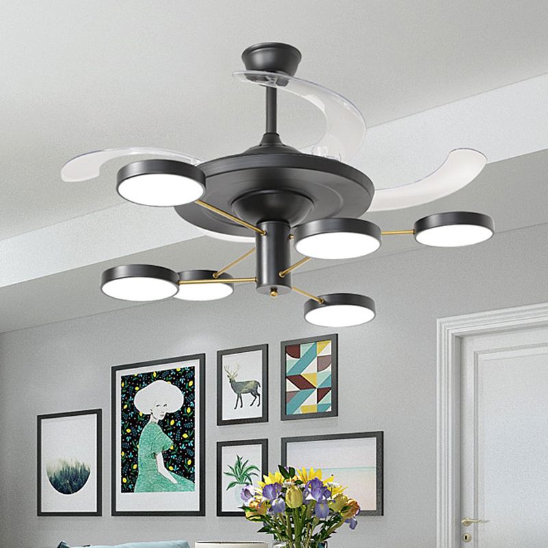 Nordic Round Panel Hanging Fan Lamp Acrylic 6/8 Heads Drawing Room 4-Blade Semi Flush Mount in Black, 42.5" Wide