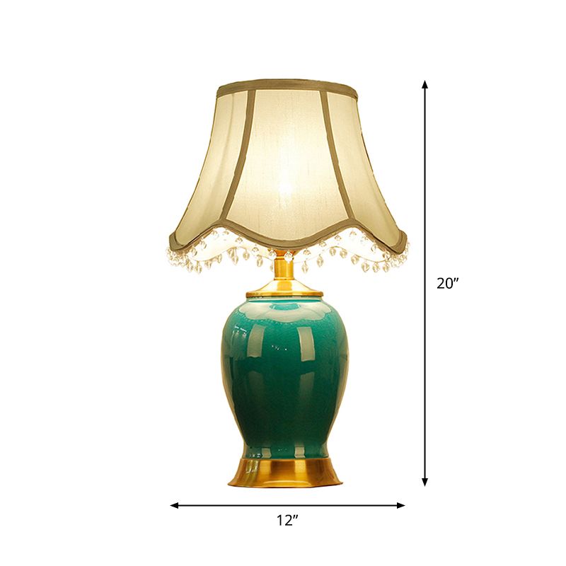 Handmade Urn Shaped Night Light Modern Ceramic 1-Bulb Green/Light Green Table Lamp with Scalloped/Flared/Tapered Fabric Shade